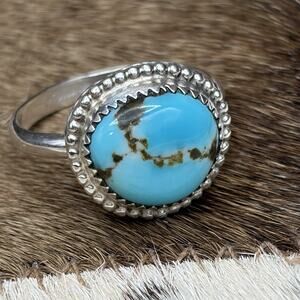 Native American Navajo Earl Tom Sterling Silver Turquoise Ring Contemporary Sz 8
